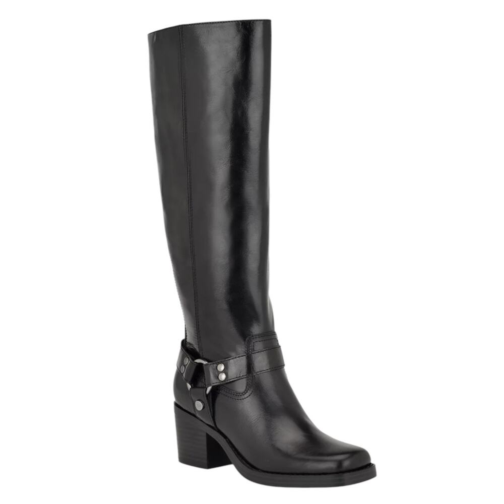 Nine West Women Koop Leather Block Heel Knee High Moto Boots Black Size 7 1/2